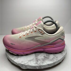 Size 9- Brooks Women's Ghost 15 running shoe in a pink and white